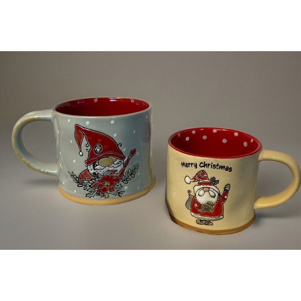 Lot Of 2 Santa Gnome Ceramic Mugs Embossed Poinsettia Artsy Christmas Rustic Cup